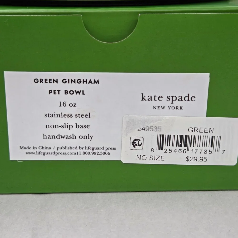 NWT Kate Spade Green Gingham Dog Cat Pet Food Bowls 16 oz Pair